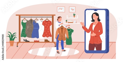Professional stylist consultant in social media mobile app. Woman customer getting advice choosing trendy outfit, parsing garment being at home using smartphone vector illustration