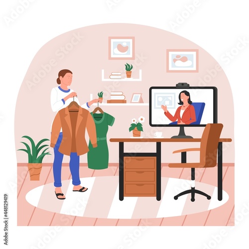 Personal stylist online recommend client trendy office outfit. Woman choose fashionable clothes for work or business meeting and consultant on computer screen giving advice vector illustration