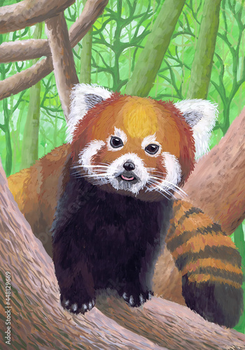 The red panda sits on a tree. Children's drawing photo