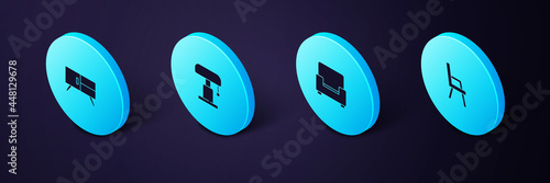 Set Isometric Armchair, , Table lamp and Chest of drawers icon. Vector