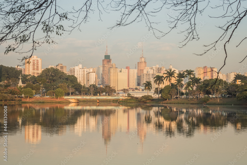 Buildings reflected in the dam at dawn - Sao Jose do Rio Preto - Brazil