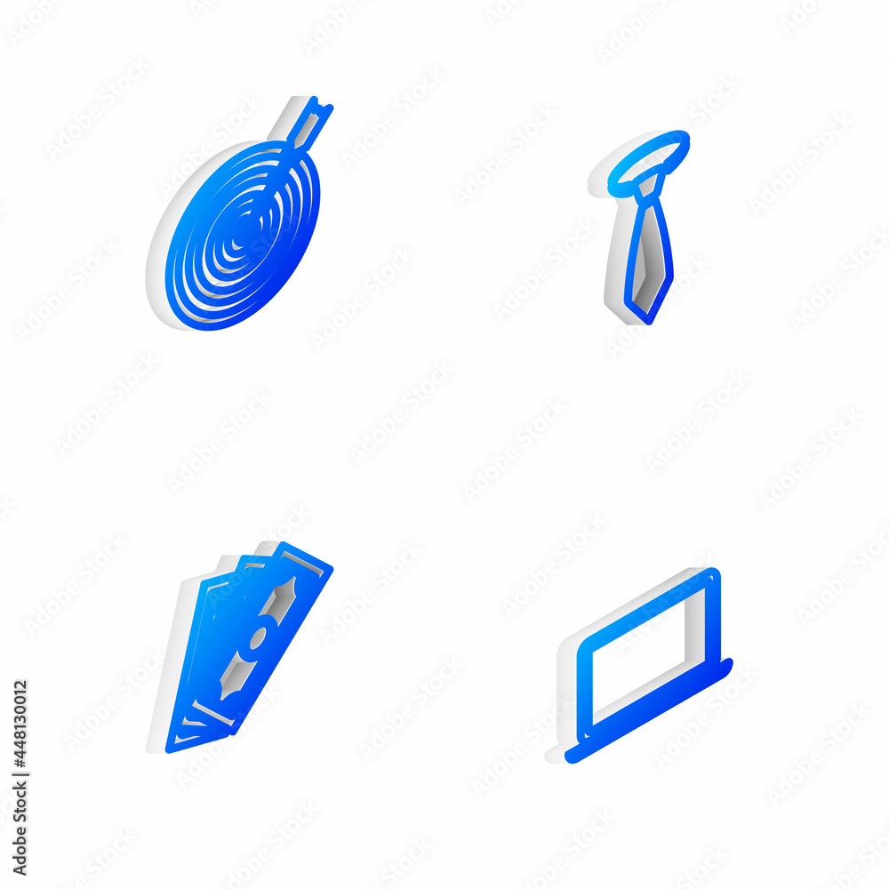 Set Isometric line Tie, Target with arrow, Stacks paper money cash and Laptop icon. Vector Set Isometric line Tie, Target with arrow, Stacks paper money cash and Laptop icon. Vector