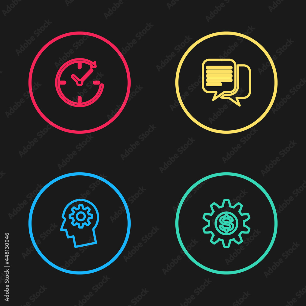 Set line Human head with gear inside, Gear dollar symbol, Chat and Clock arrow icon. Vector