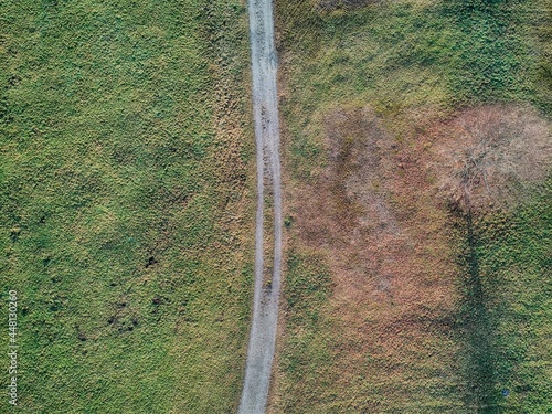 aerial landscape with path and field