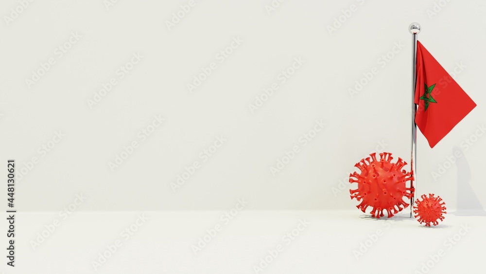 Obraz premium Morocco realistic flag illustration. Red 3D COVID-19 virus rendering in front of the flagpole.