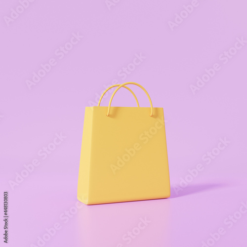 One orange shopping bag on purple pastel background minimal style, discount, promotion, sale, banner, website. 3d rendering illutration