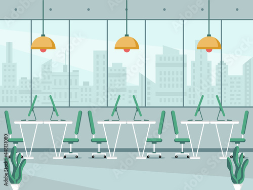 Workplace and work station flat design, Concept of working desk or office interior with furniture. Modern office room with computer, table and equipment. Work from home illustration.