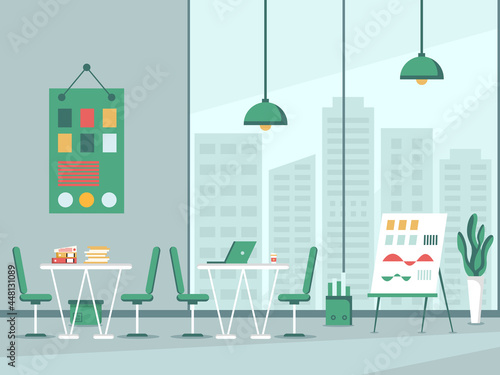 Workplace and work station flat design, Concept of working desk or office interior with furniture. Modern office room with computer, table and equipment. Work from home illustration.