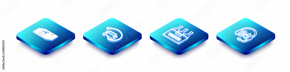 Set Isometric line Paper money dollars cash, Electric car, Bottles of wine in box and Headphone for support icon. Vector Set Isometric line Paper money dollars cash, Electric car, Bottles of wine in box and Headphone for support icon. Vector