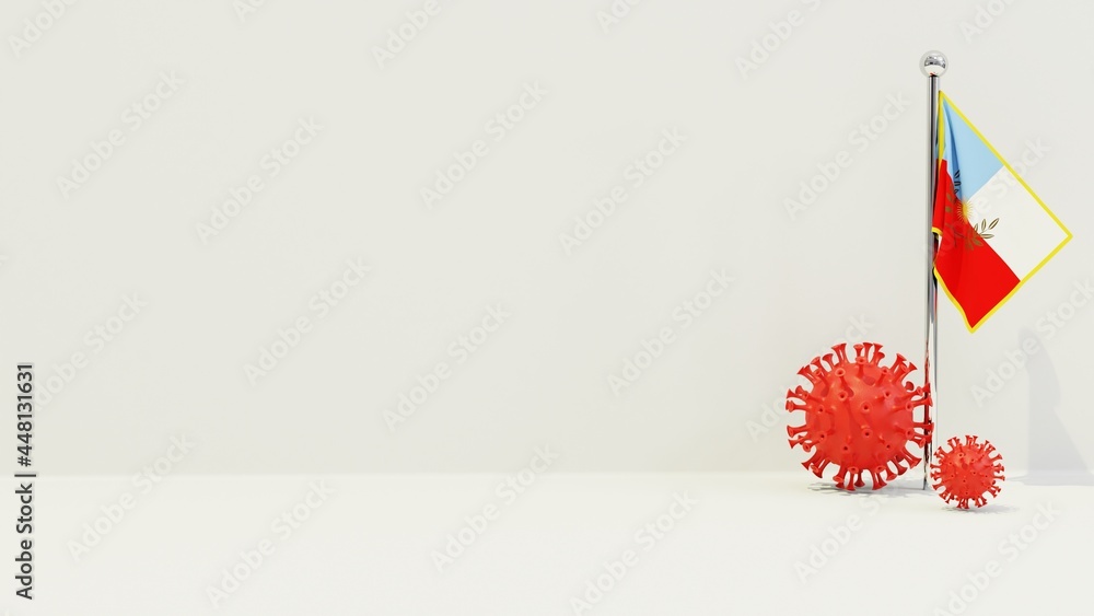 Obraz premium Catamarca realistic flag illustration. Red 3D COVID-19 virus rendering in front of the flagpole.