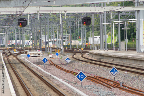 Many railway tracks at station Arnhem in the Netherlands