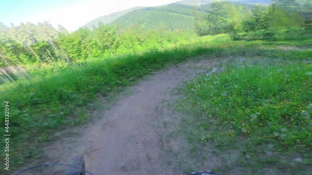 Mountain biking speed in the forest. Descent through the forest. From the first person. POV extreme mountain bike on a muddy trail. Rapide Mountain biking speed in the forest. Descent through the forest. From the first person. POV extreme mountain bike on a muddy trail. Rapide