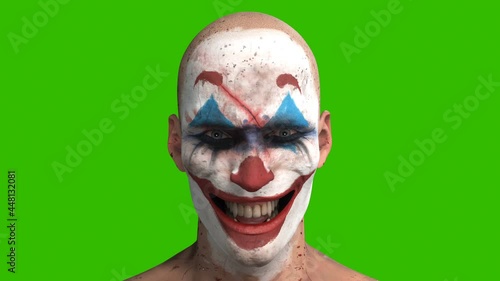 A scary, gloomy clown smiles terribly and menacingly. Animation on an isolated green screen background for apocalyptic, mystical and halloween backgrounds. 3D rendering. photo