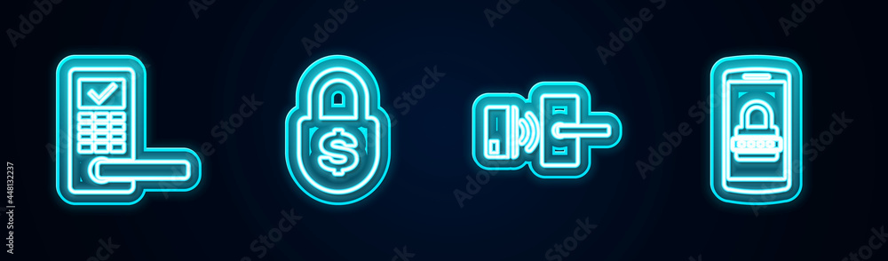 Set line Digital door lock with wireless, Money, and Mobile and password. Glowing neon icon. Vector Set line Digital door lock with wireless, Money, and Mobile and password. Glowing neon icon. Vector
