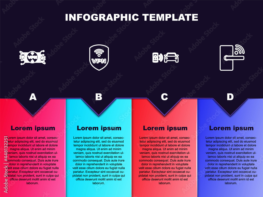 Set line VPN with microchip circuit, Shield wireless, Smart car alarm system and Digital door lock. Business infographic template. Vector Set line VPN with microchip circuit, Shield wireless, Smart car alarm system and Digital door lock. Business infographic template. Vector