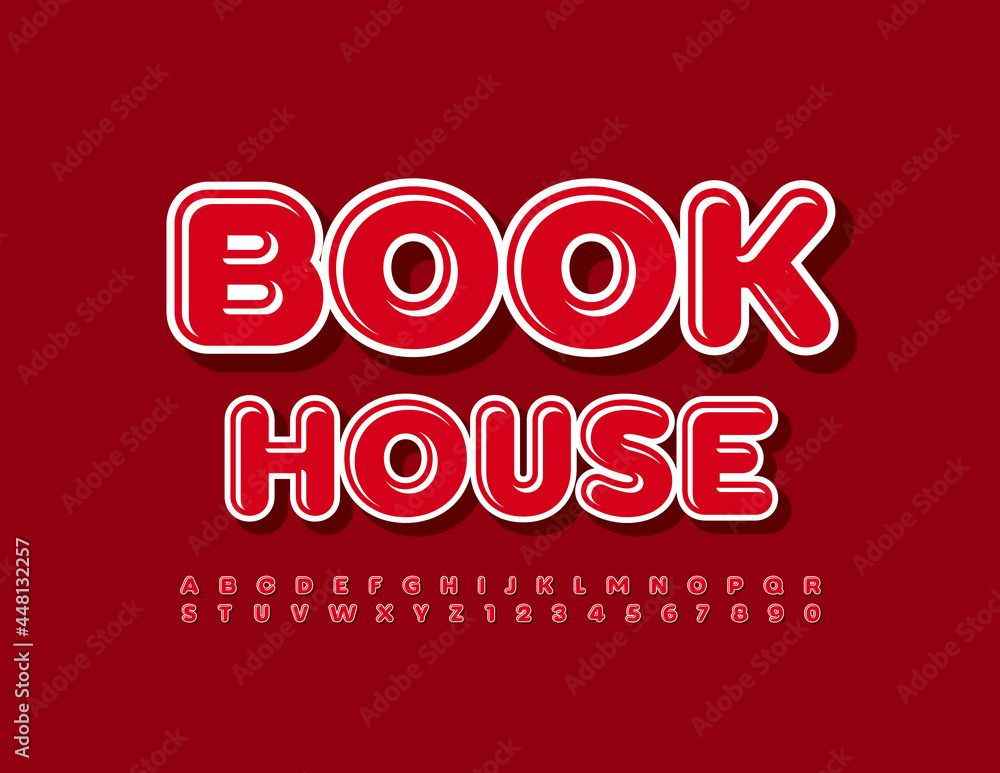 Vector bright concept Book House. Modern Red Font. Stylish set of Alphabet Letters and Numbers