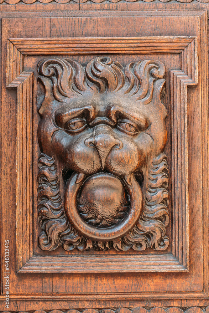 Lion head wood carving on wooden door