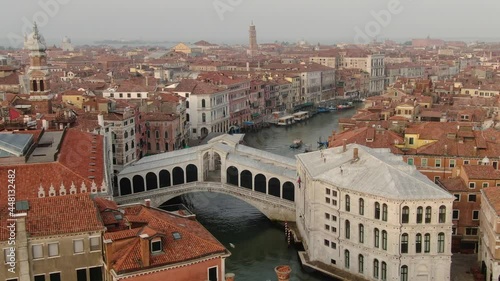 Aerial view of Rialto Bridge: the oldest bridge on Grand Canal in Venice, Italy