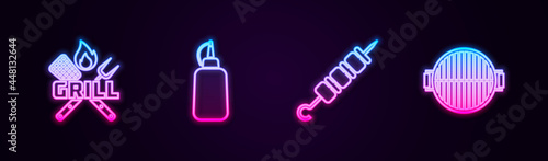 Set line Crossed fork and spatula, Mustard bottle, Grilled shish kebab and Barbecue grill. Glowing neon icon. Vector