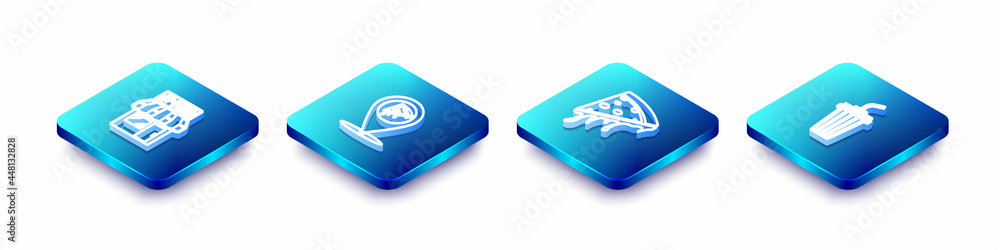 Set Isometric line Pizzeria building facade, Location with slice pizza, Slice of and Glass water icon. Vector Set Isometric line Pizzeria building facade, Location with slice pizza, Slice of and Glass water icon. Vector