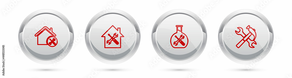 Set line House service, , Bioengineering and Crossed hammer and wrench. Silver circle button. Vector Set line House service, , Bioengineering and Crossed hammer and wrench. Silver circle button. Vector