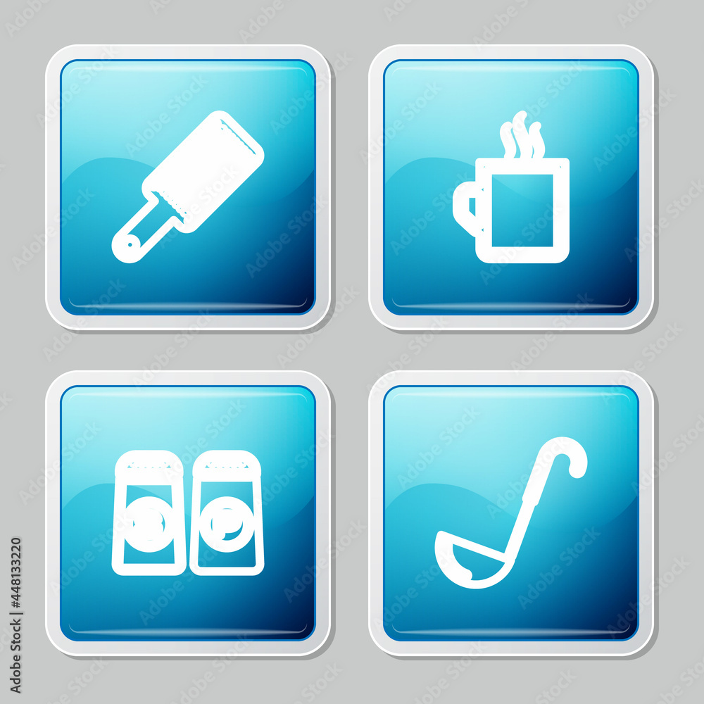 Set line Grater, Coffee cup, Salt and pepper and Kitchen ladle icon. Vector Set line Grater, Coffee cup, Salt and pepper and Kitchen ladle icon. Vector