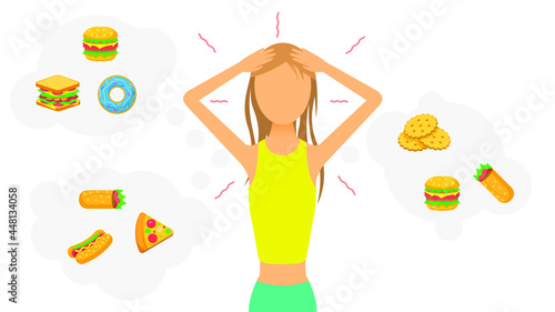 Abstract Flat Woman Skinny Girl Grabbed Her Head With Clouds With Food Cartoon People Character Concept Illustration Vector Design Style Lack Of Weight Anorexia