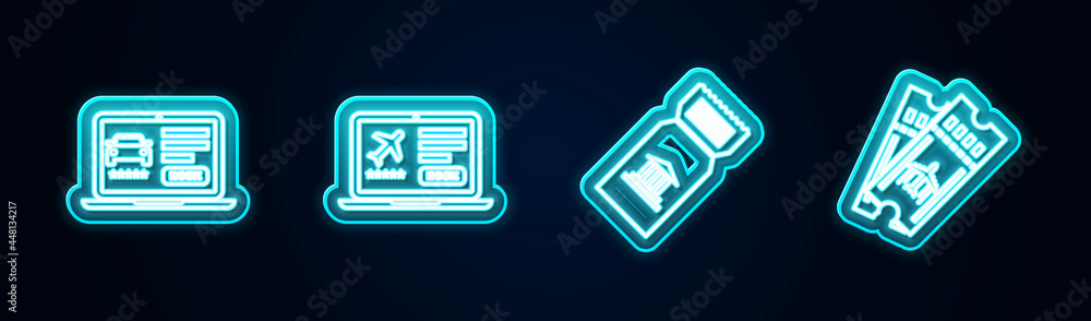 Set line Online car sharing, Laptop with ticket, Museum and Airline. Glowing neon icon. Vector