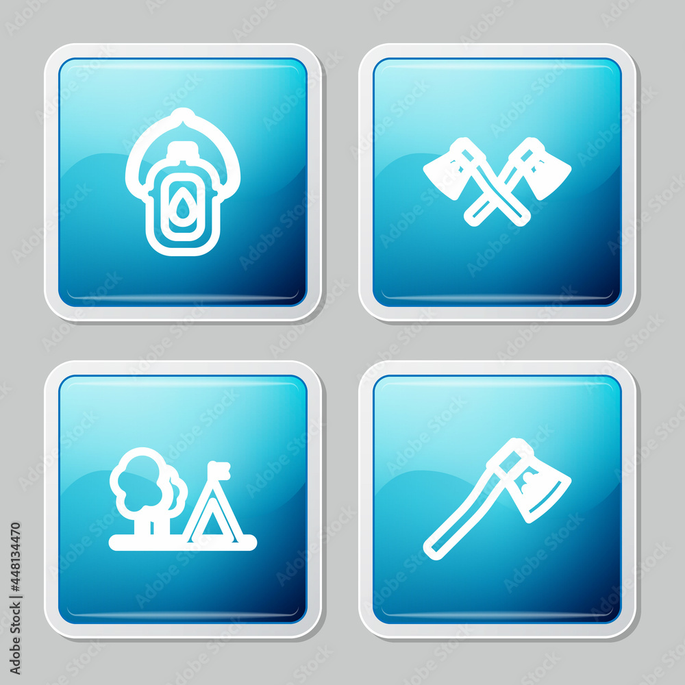 Set line Canteen water bottle, Crossed wooden axe, Tourist tent with flag and Wooden icon. Vector Set line Canteen water bottle, Crossed wooden axe, Tourist tent with flag and Wooden icon. Vector