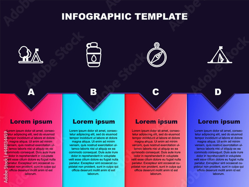 Set line Tourist tent with flag, Canteen water bottle, Compass and . Business infographic template. Vector