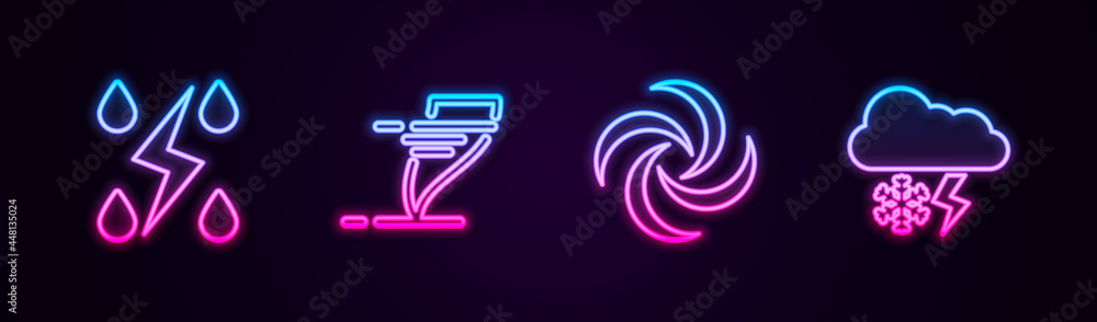 Set line Storm, Tornado, and Cloud with snow and lightning. Glowing neon icon. Vector Set line Storm, Tornado, and Cloud with snow and lightning. Glowing neon icon. Vector