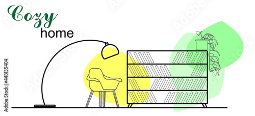 Bookcase with books, armchair, floor lamp. A cozy place to read and relax. Graphic illustration. Drawing.