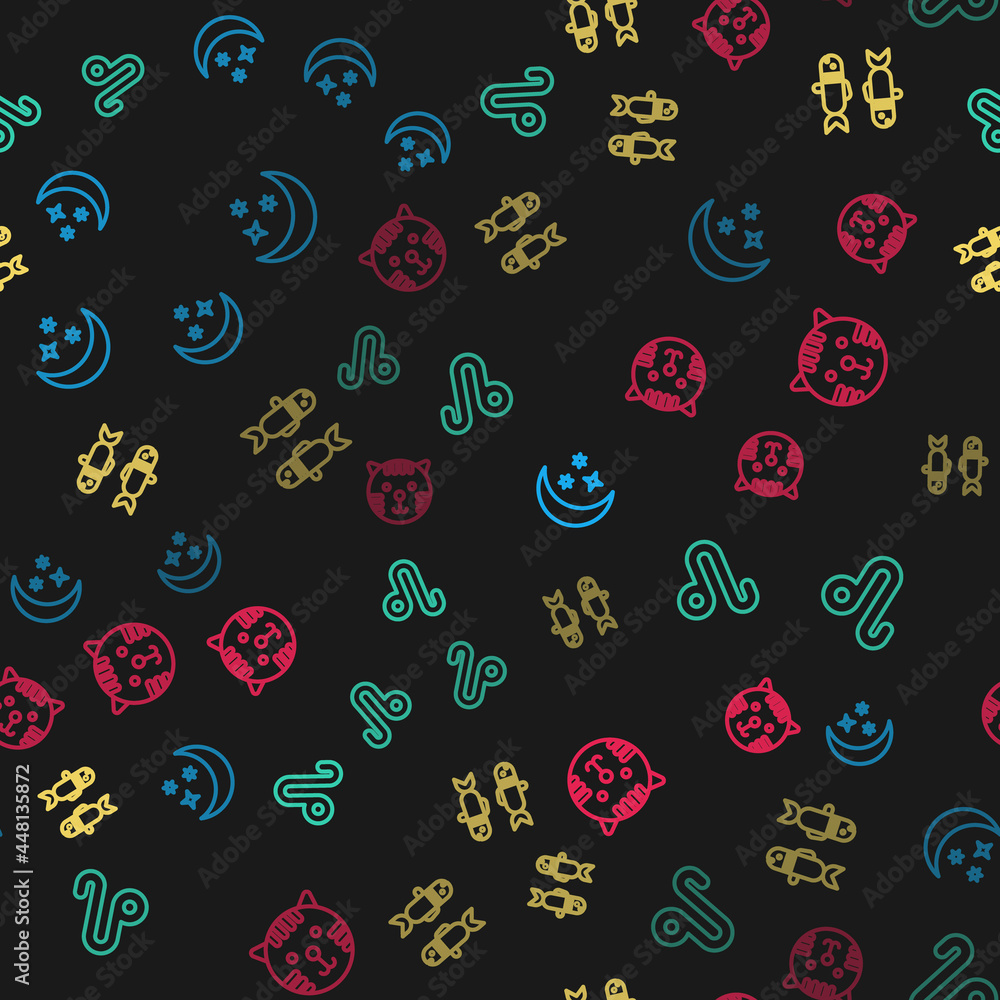 Set line Moon and stars, Leo zodiac, Pisces and Tiger on seamless pattern. Vector Set line Moon and stars, Leo zodiac, Pisces and Tiger on seamless pattern. Vector