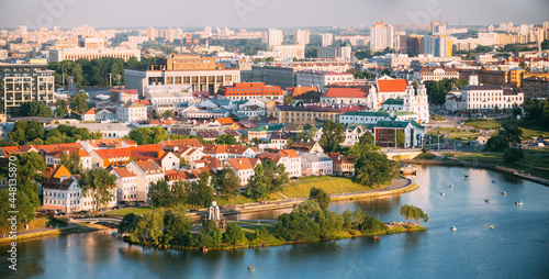 Panorama, cityscape of Minsk, Belarus. Summer season, sunset time.