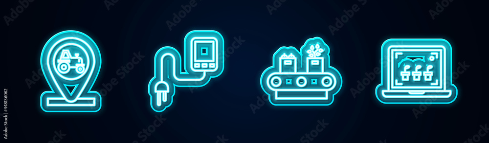 Set line Tractor and location, Sensor, Conveyor belt with box and Smart farming technology. Glowing neon icon. Vector Set line Tractor and location, Sensor, Conveyor belt with box and Smart farming technology. Glowing neon icon. Vector