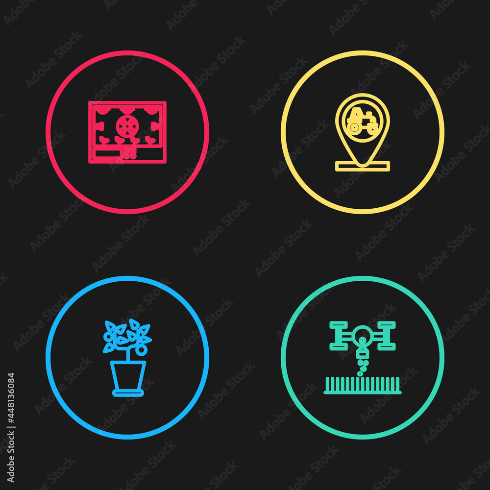 Set line Plant in pot, Smart farm with drone, Tractor and location and farming technology icon. Vector Set line Plant in pot, Smart farm with drone, Tractor and location and farming technology icon. Vector