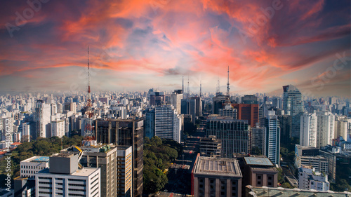 Aerial view of Av. Paulista in São Paulo, SP. Main avenue of the capital. Sunday day, without cars, with people walking on the street