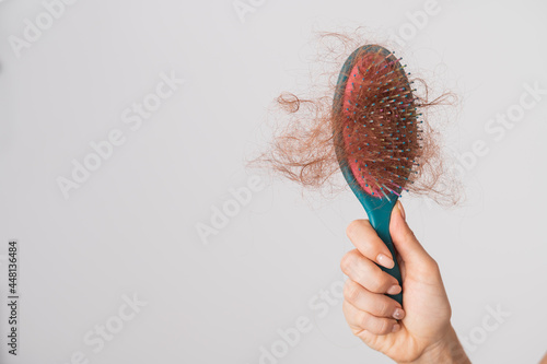 Close-up of a female hand holding a comb with a bun of hair on a white background. Hair loss and female alopecia photo