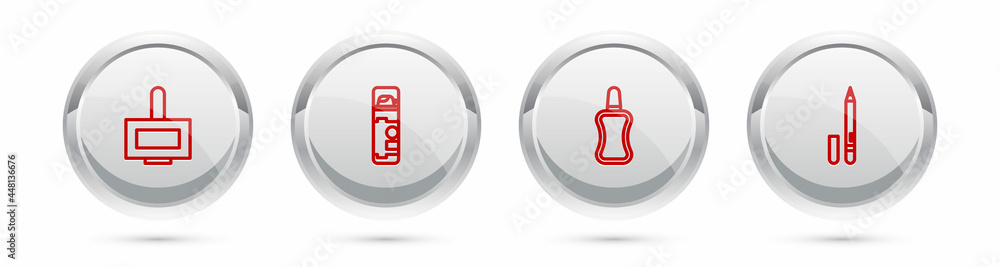 Set line Nail polish bottle, Shaving gel foam, and Eyeliner, eyebrow. Silver circle button. Vector Set line Nail polish bottle, Shaving gel foam, and Eyeliner, eyebrow. Silver circle button. Vector