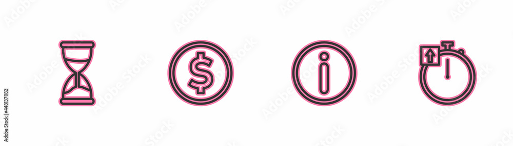 Set line Hourglass, Information, Coin money with dollar and Stopwatch icon. Vector Set line Hourglass, Information, Coin money with dollar and Stopwatch icon. Vector