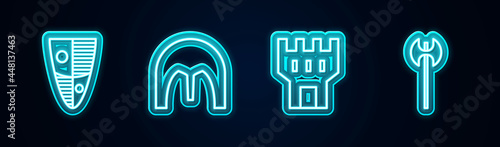 Set line Shield, Medieval iron helmet, Castle tower and axe. Glowing neon icon. Vector