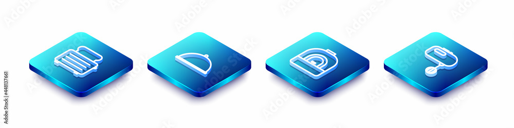 Set Isometric line Toaster with toasts, Covered tray, Oven and Electric mixer icon. Vector Set Isometric line Toaster with toasts, Covered tray, Oven and Electric mixer icon. Vector
