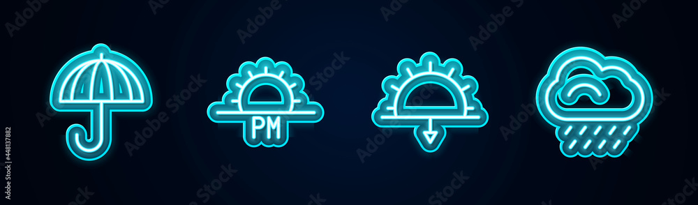 Set line Umbrella, Sunset, and Cloud with rain. Glowing neon icon. Vector Set line Umbrella, Sunset, and Cloud with rain. Glowing neon icon. Vector