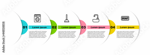 Set line Washer, Rubber plunger, Washbasin with water tap and Bar of soap. Business infographic template. Vector