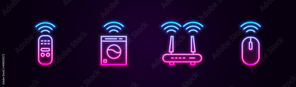 Set line Smart remote control, washer, Router and wi-fi signal and Wireless mouse. Glowing neon icon. Vector Set line Smart remote control, washer, Router and wi-fi signal and Wireless mouse. Glowing neon icon. Vector