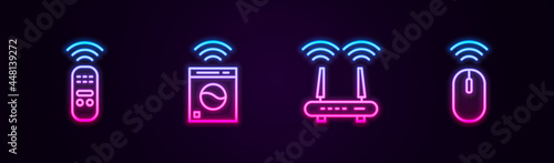 Set line Smart remote control, washer, Router and wi-fi signal and Wireless mouse. Glowing neon icon. Vector