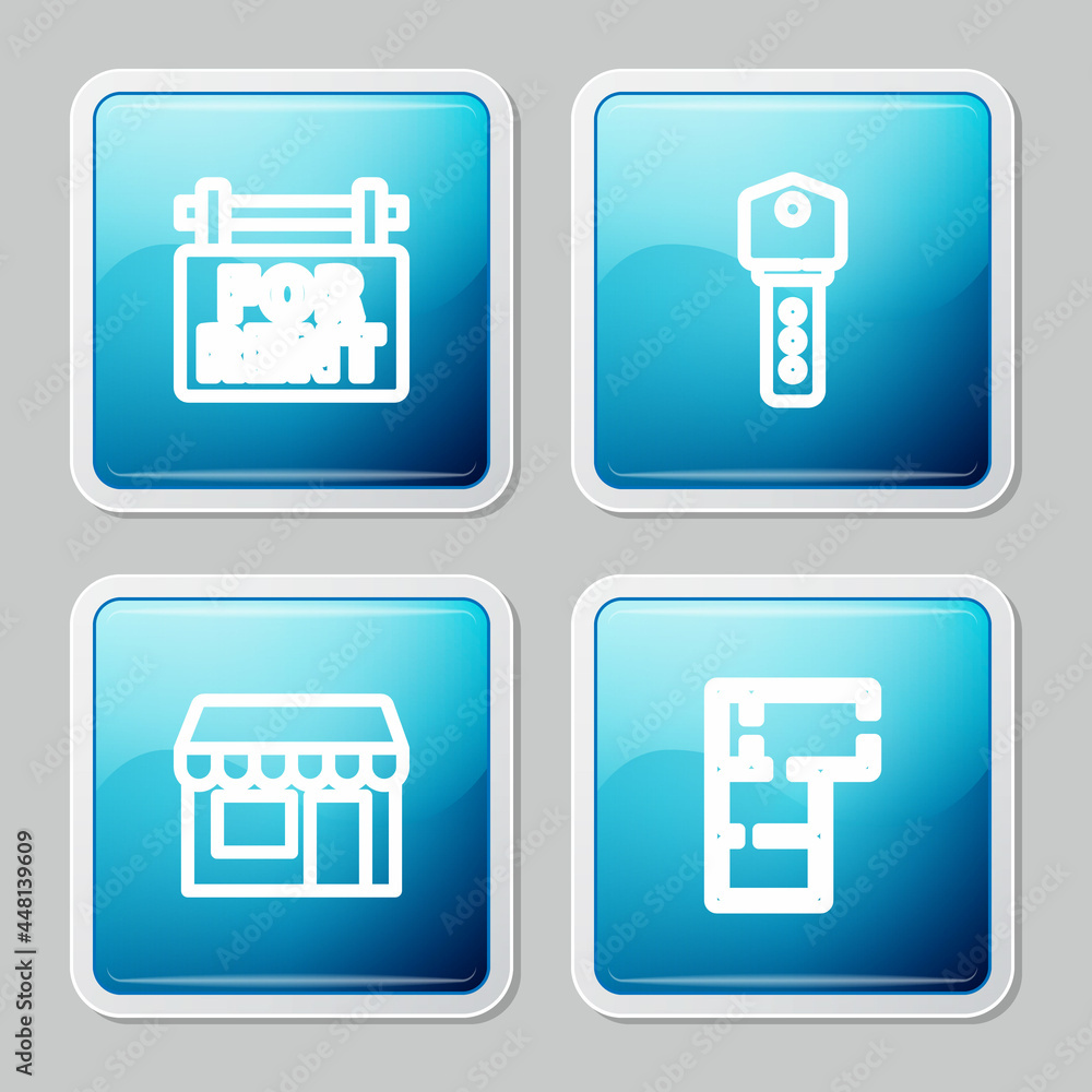 Set line Hanging sign with For Rent, House key, Market store and plan icon. Vector Set line Hanging sign with For Rent, House key, Market store and plan icon. Vector