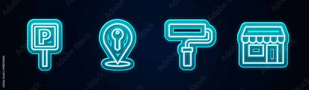 Set line Parking, Location key, Paint roller brush and Market store. Glowing neon icon. Vector Set line Parking, Location key, Paint roller brush and Market store. Glowing neon icon. Vector