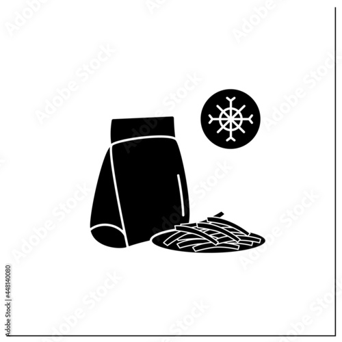 Frozen french fries glyph icon.Sliced potatoes in package.Portion control, protection, tampering resistance from bacteria.Packing food concept.Filled flat sign. Isolated silhouette vector illustration