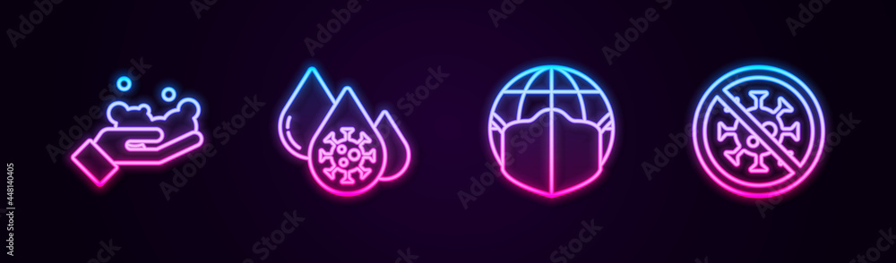 Set line Washing hands with soap, Blood test virus, Earth medical mask and Stop. Glowing neon icon. Vector Set line Washing hands with soap, Blood test virus, Earth medical mask and Stop. Glowing neon icon. Vector